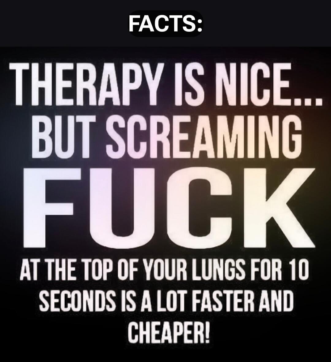 FACTS: THERAPY IS NICE... BUT SCREAMING FUCK AT THE TOP OF YOUR LUNGS FOR 10 SECONDS IS A LOT FASTER AND CHEAPER!