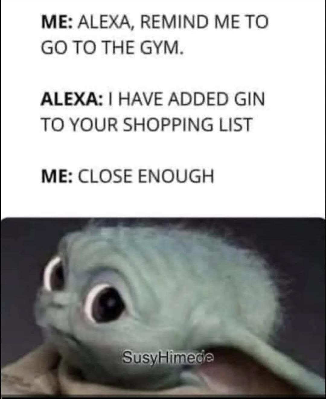 ME: ALEXA, REMIND ME TO GO TO THE GYM. ALEXA: I HAVE ADDED GIN TO YOUR SHOPPING LIST ME: CLOSE ENOUGH