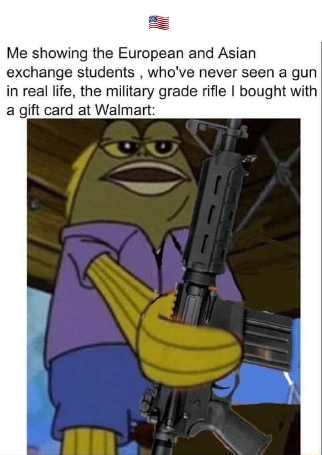Me showing the European and Asian exchange students whove never seen a gun in real life the military grade rifle bought with a gift card at Walmart