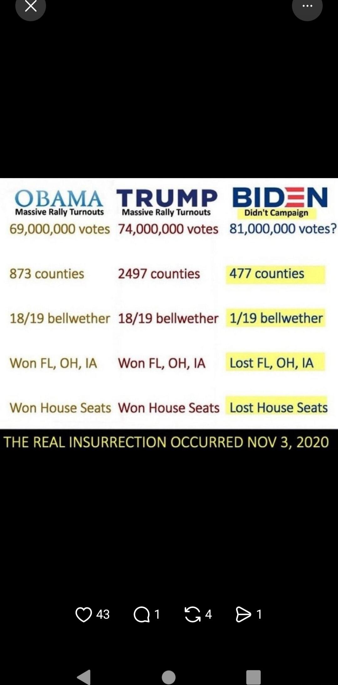 OBAMA MASSIVE RALLY TURNOUTS 69,000,000 votes 873 counties 18/19 bellwhether Won FL, OH, IA Won House Seats TRUMP MASSIVE RALLY TURNOUTS 74,000,000 votes 2497 counties 18/19 bellweather Won FL, OH, IA Won House Seats BIDEN Didn’t Campaign 81,000,000 votes? 477 counties 1/19 bellweather Lost FL, OH, IA Lost House Seats THE REAL INSURRECTION OCCURRED