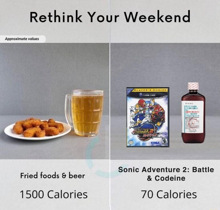 Rethink Your Weekend soprsiate o Sonic Ad it 2 Battl Fried foods beer S edere 1500 Calories 70 Calories