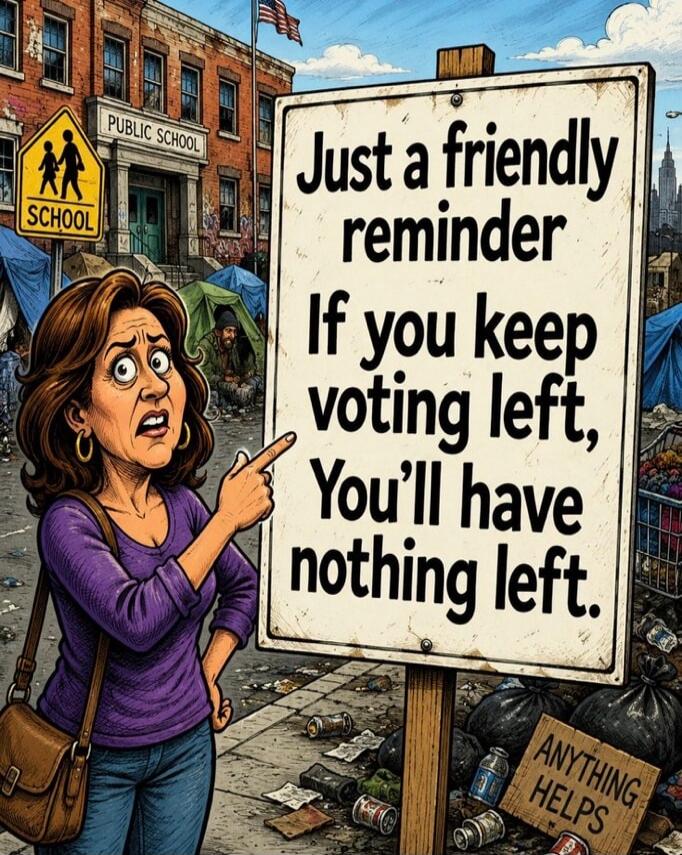 Just a friendly reminder If you keep voting left, You'll have nothing left. PUBLIC SCHOOL SCHOOL ANYTHING HELPS