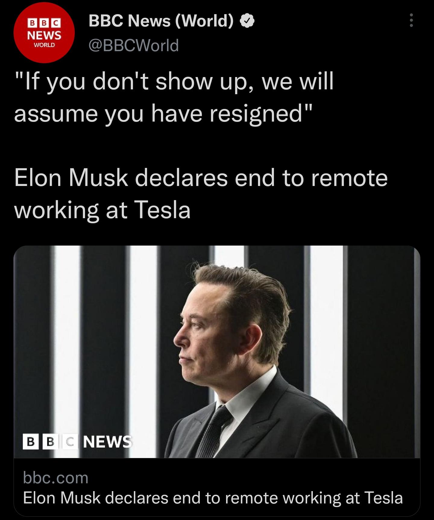 BBC News World 21e4le LYo Mo loTal 1 aTeVAV s MRVVRVI RN N RV VR GISIegsTe 8 Lo M V e TI 1 1 o R o M 100 0 working at Tesla o efeNele0 Elon Musk declares end to remote working at Tesla AR
