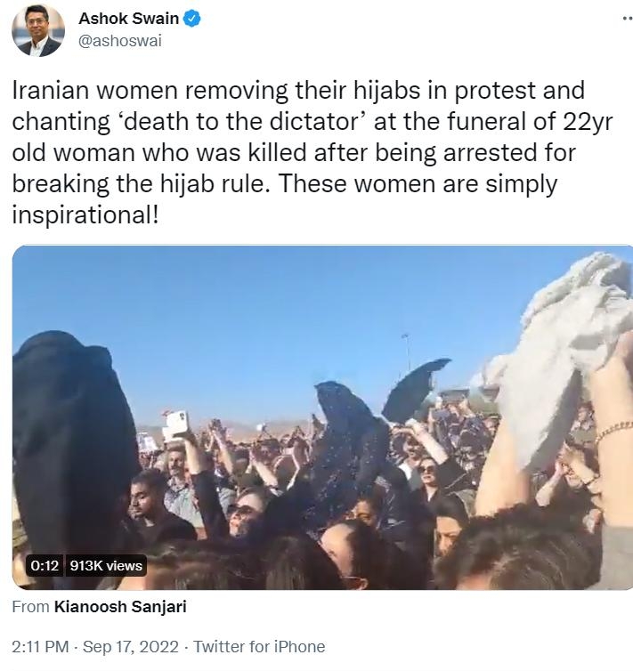 9 Ashok Swain Iranian women removing their hijabs in protest and chanting death to the dictator at the funeral of 22yr old woman who was killed after being arrested for breaking the hijab rule These women are simply inspirational From Kianoosh Sanjari 211PM Sep Twiter for iPhone 235K Likes