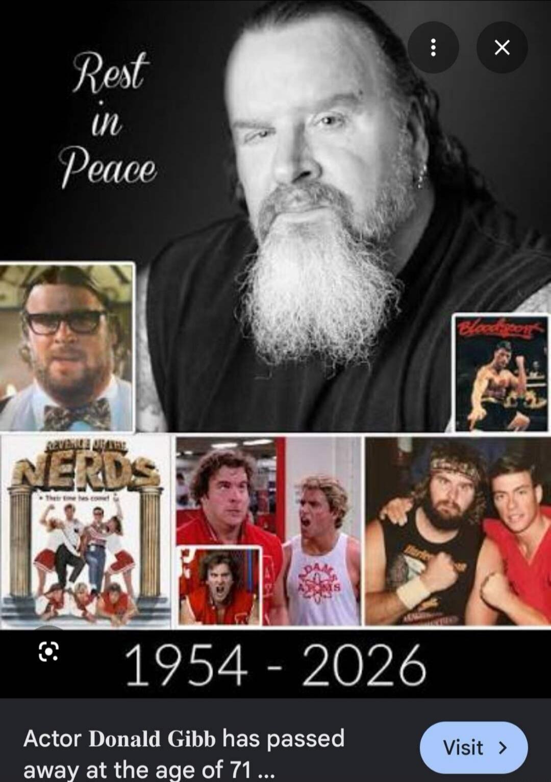 Rest in Peace. REVENGE OF THE NERDS. Their time has come! Bloodsport. ADAMS AXONS. 1954 - 2026. Actor Donald Gibb has passed away at the age of 71.