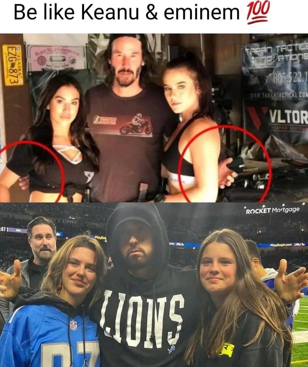 Be like Keanu & eminem 💯. The image shows two contrasting scenes. In the top part, Keanu Reeves is pictured with two women, with red circles highlighting that he is not physically touching either of them. In the bottom part, Eminem is shown with two young girls, presumably his daughters, with his arms around them in an affectionate pose.