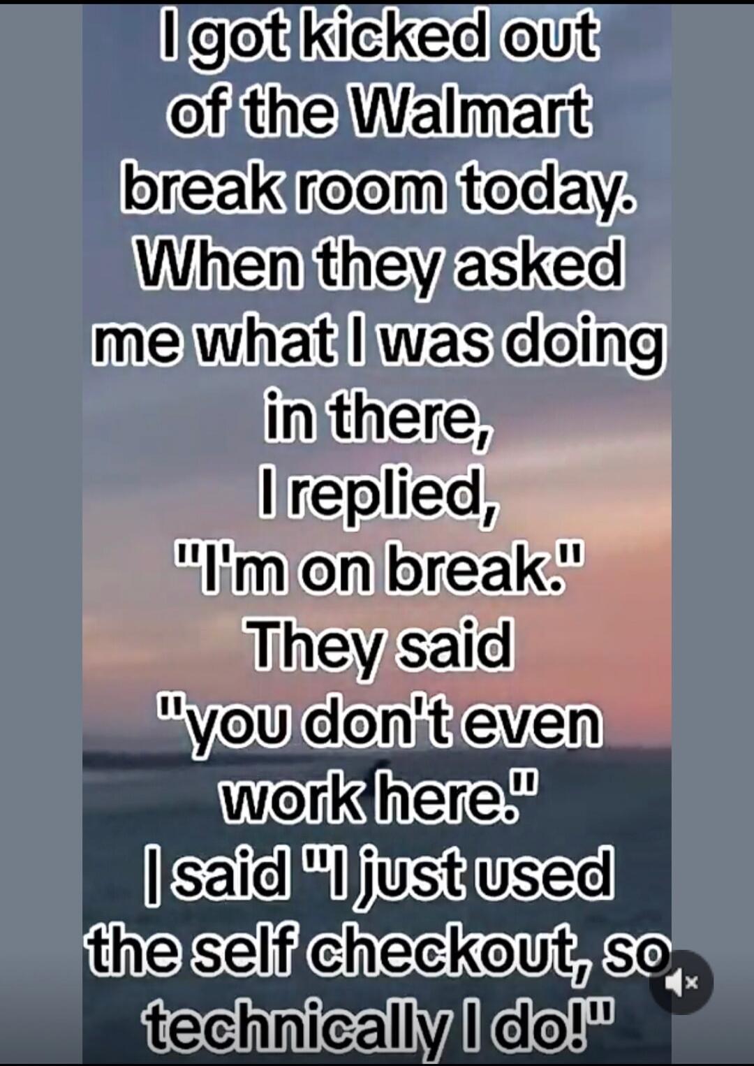 I got kicked out of the Walmart break room today. When they asked me what I was doing in there, I replied, 
