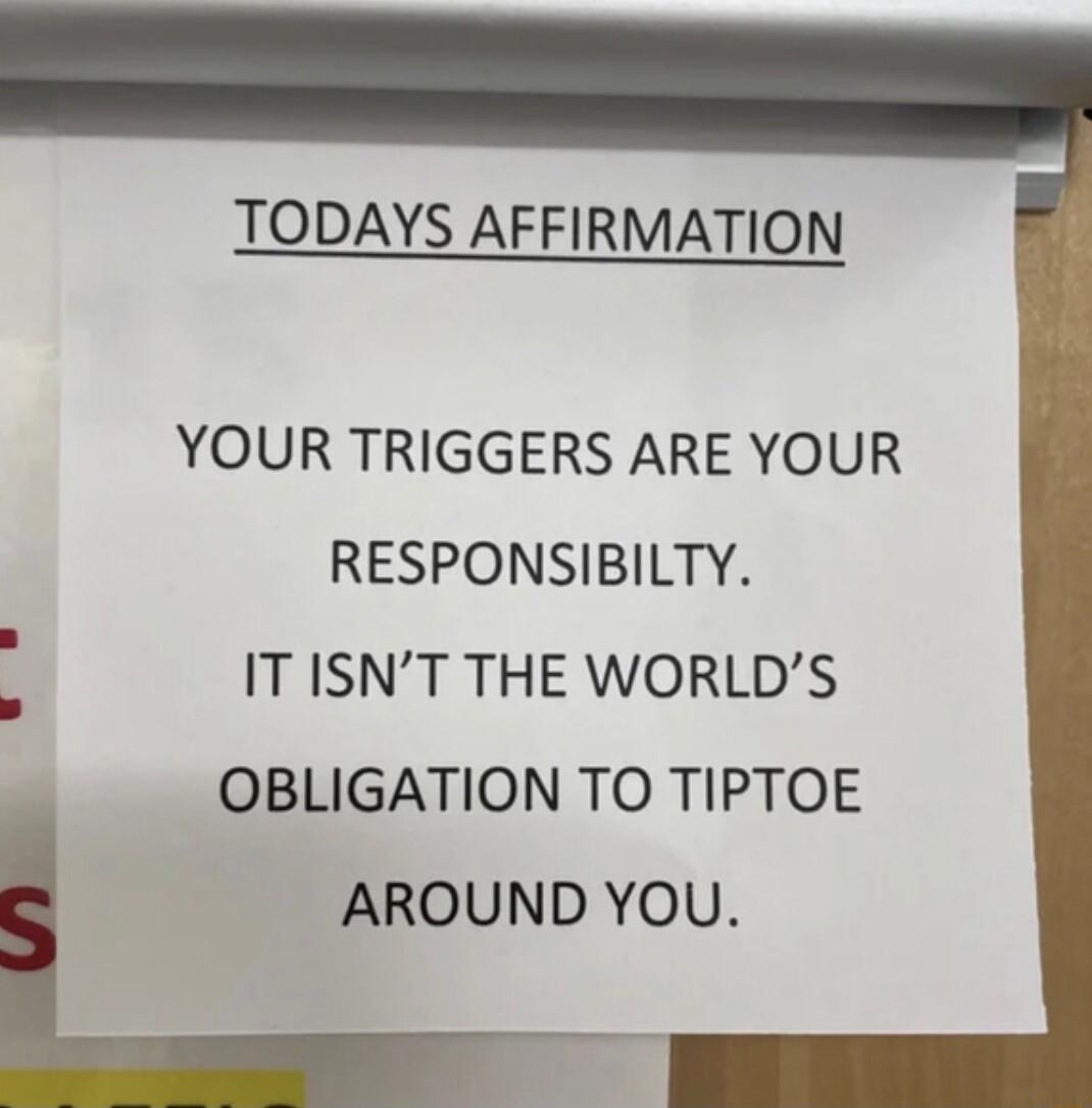 TODAYS AFFIRMATION YOUR TRIGGERS ARE YOUR RESPONSIBILTY IT ISNT THE WORLDS OBLIGATION TO TIPTOE AROUND YOU