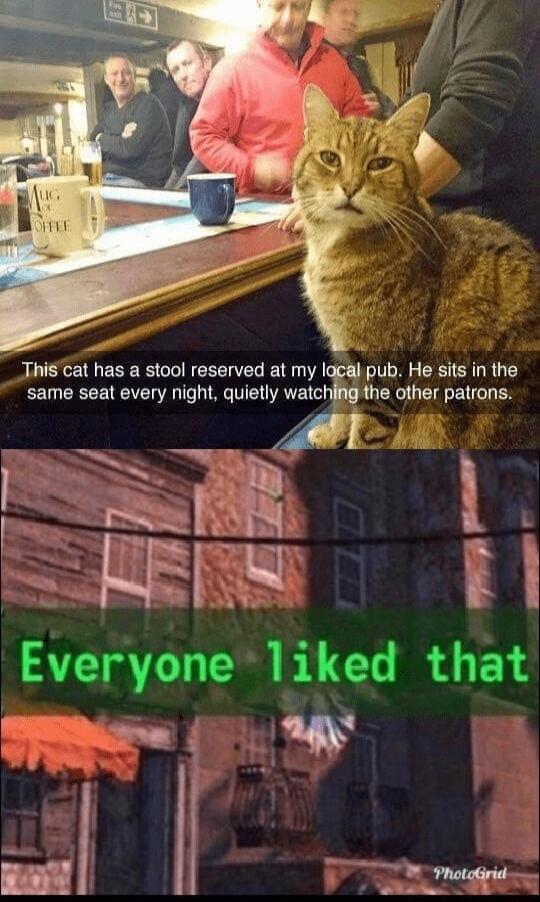 al pub He sits in the other patrons Everyoneliked that A