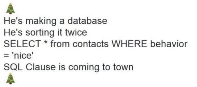 4 Hes making a database Hes sorting it twice SELECT from contacts WHERE behavior nice SQL Clause is coming to town y