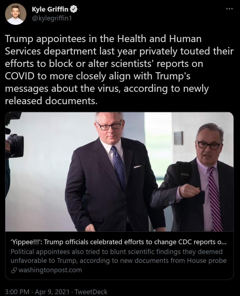 yle Griffin Trump appointees in the Health and Human Services department last year privately touted their efforts to block or alter scientists reports on COVID to more closely align with Trumps NIESETe T oJo 1N A d TRV VIS Telele o o Te R do o 151 released documents Yippeel Trump officials celebrated efforts to change CDC reports o Political appointee tried to blun l Telelele Ty Te R o tcom ainile