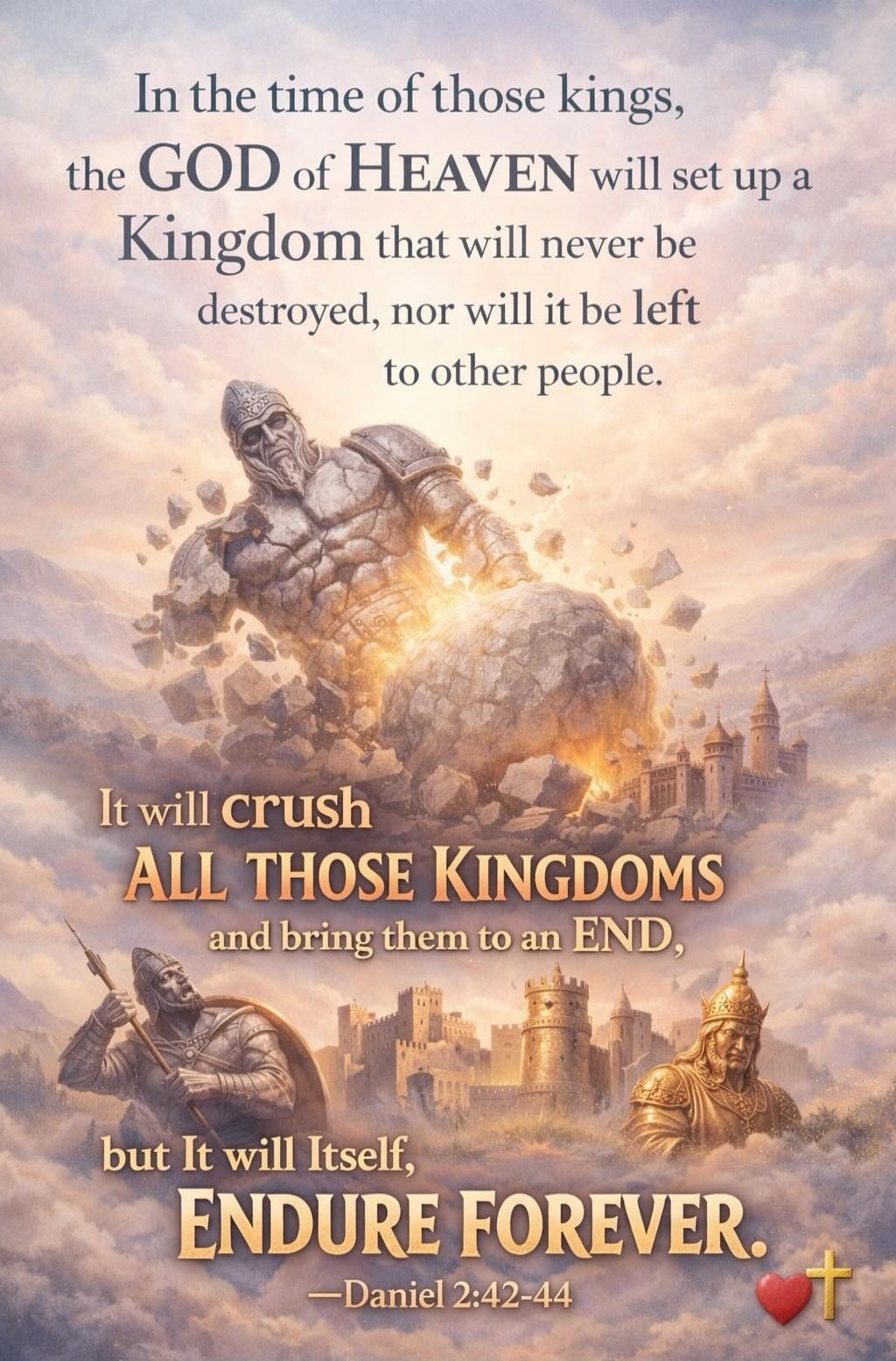 In the time of those kings, the GOD of HEAVEN will set up a Kingdom that will never be destroyed, nor will it be left to other people. It will crush ALL THOSE KINGDOMS and bring them to an END, but It will Itself, ENDURE FOREVER. —Daniel 2:42-44