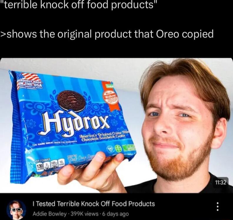 Rl R glele Qo i elele NolfeleVoi shows the original product that Oreo copied ITested Terrible Knock Off Food Products