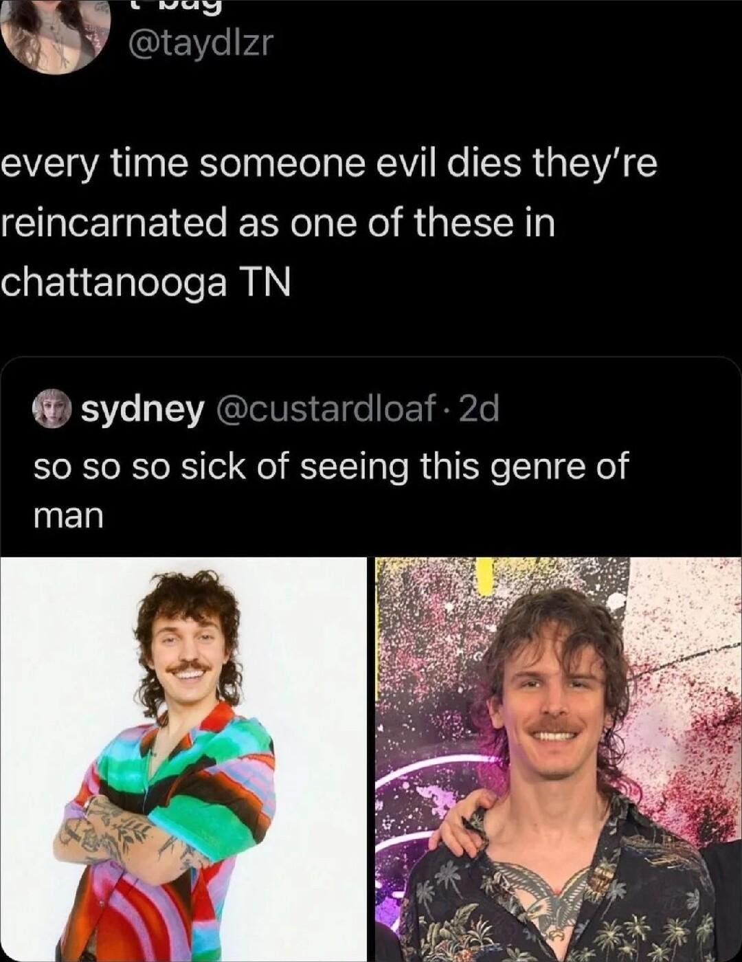 Qtk uud zr every time someone evil dies theyre reincarnated as one of these in ShENElelele RN sydney custardloaf 2d S0 so so sick of seeing this genre of man