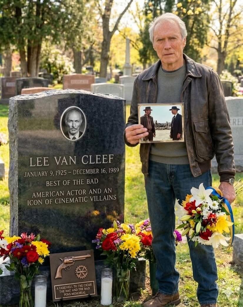 LEE VAN CLEEF JANUARY 9, 1925 - DECEMBER 16, 1989 BEST OF THE BAD AMERICAN ACTOR AND AN ICON OF CINEMATIC VILLAINS. A FAREWELL TO THE CEDAR THE HARE AND THE BAD PONS MEMORIAL. Clint Eastwood visits the grave of his co-star Lee Van Cleef, holding a framed photo of them from 'The Good, the Bad and the Ugly'.