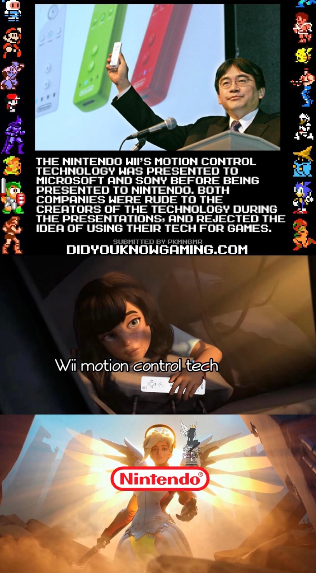 THE NINTENDO WIPS MOTION CONTROL T TG ATy A S O R MICROSOF T AND SONY BEFORE BEING PRESENTED TO NINTENDO BOTH COMPANIES WERE RUDE TO THE CREATORS OF THE TECHNOLOGY DURING THE PRESENTATIONS AND REJECTED THE A IDEA OF USING THEIR TECH FOR GAMES r 1 DIDYOUKNOWGAMINGCOM o Wii motion controltech 7 4 FE2 e B8 I