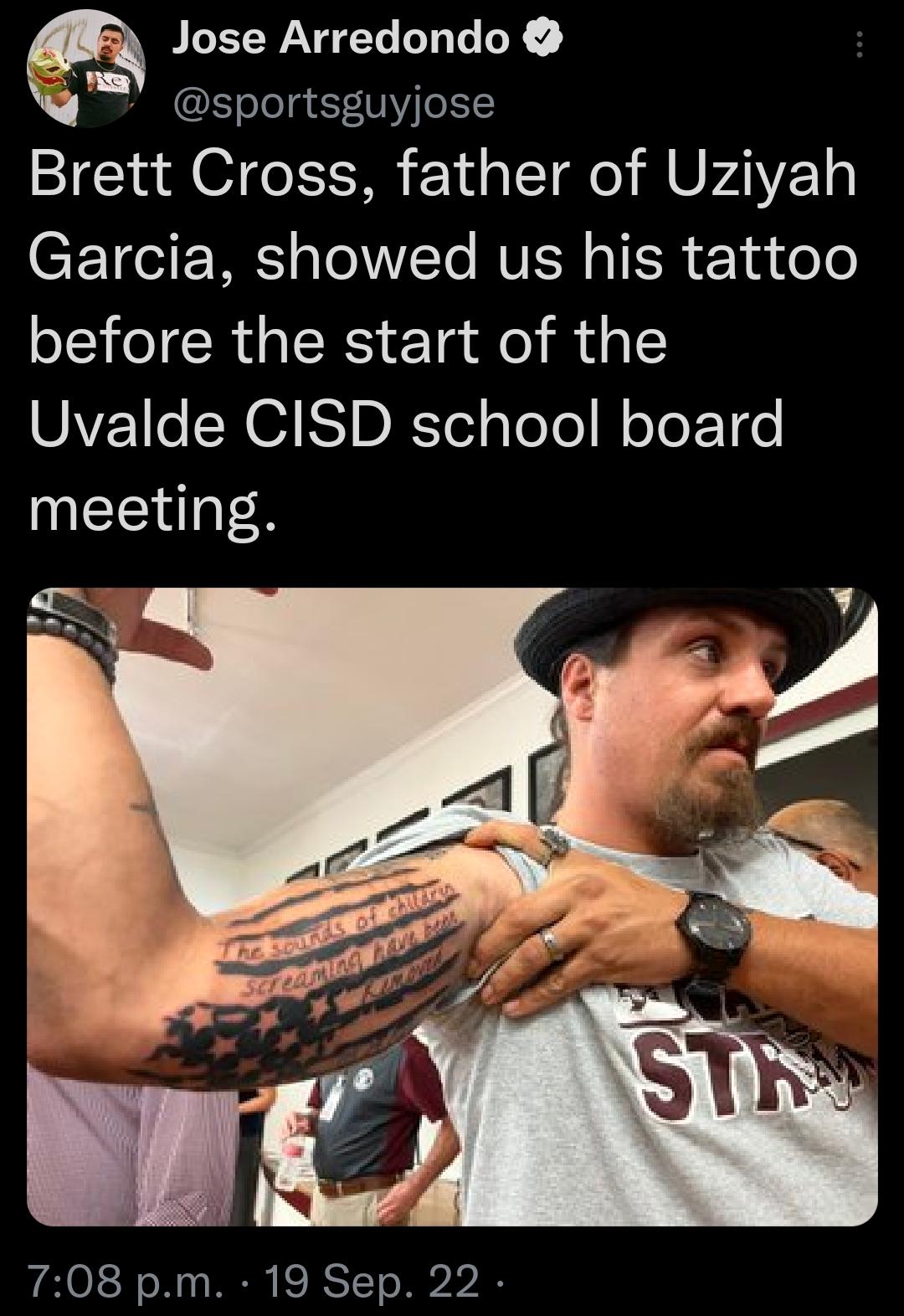 Jose Arredondo sportsguyjose Brett Cross father of Uziyah Garcia showed us his tattoo before the start of the U1V 1e SN 1 ISD RSTol gToTe W oo F 117o meeting 708 pm 19 Sep 22