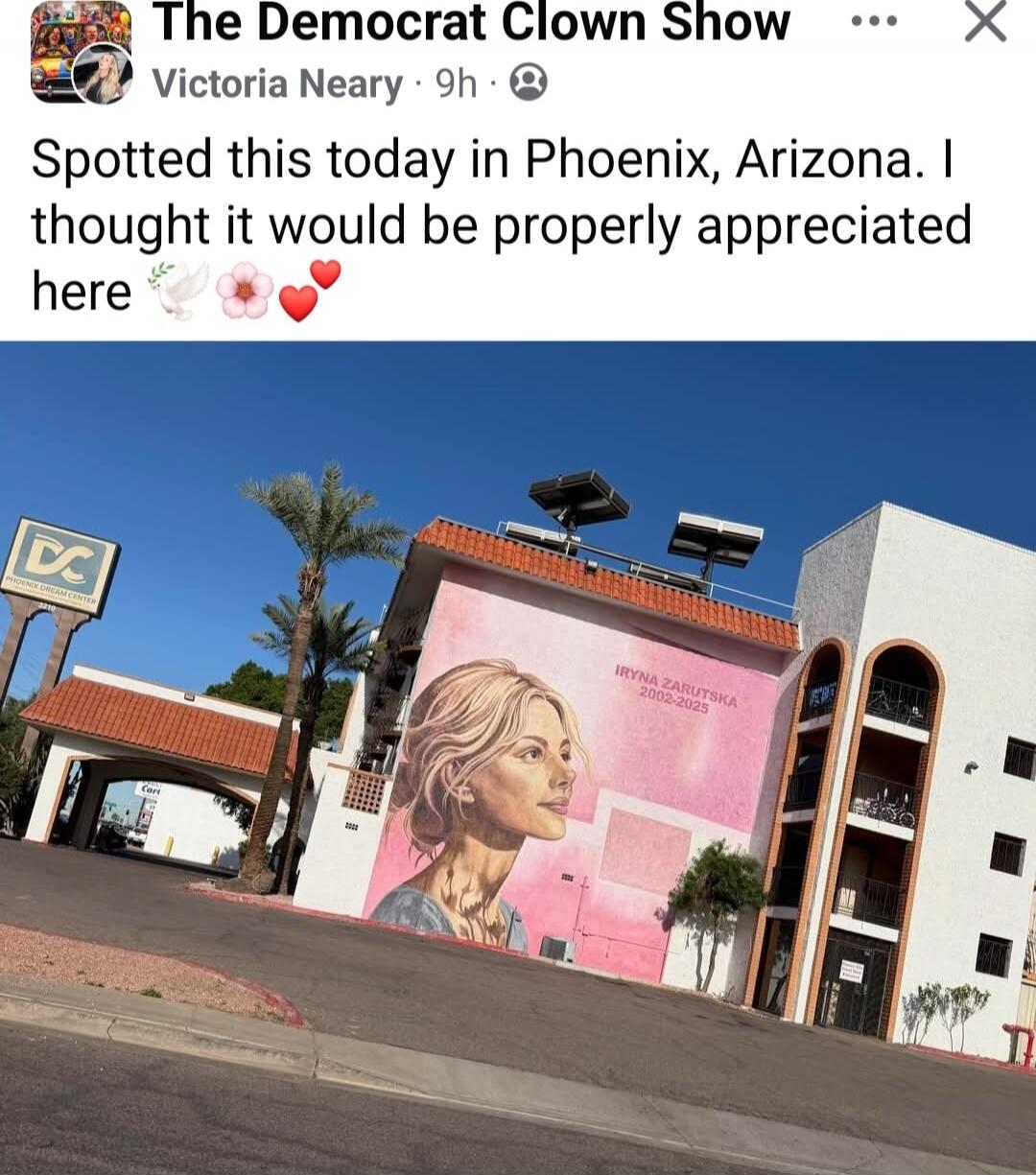 The Democrat Clown Show
Victoria Neary • 9h
Spotted this today in Phoenix, Arizona. I thought it would be properly appreciated here 🫶🌸💞

[image of a mural on a building, featuring a portrait of a woman]