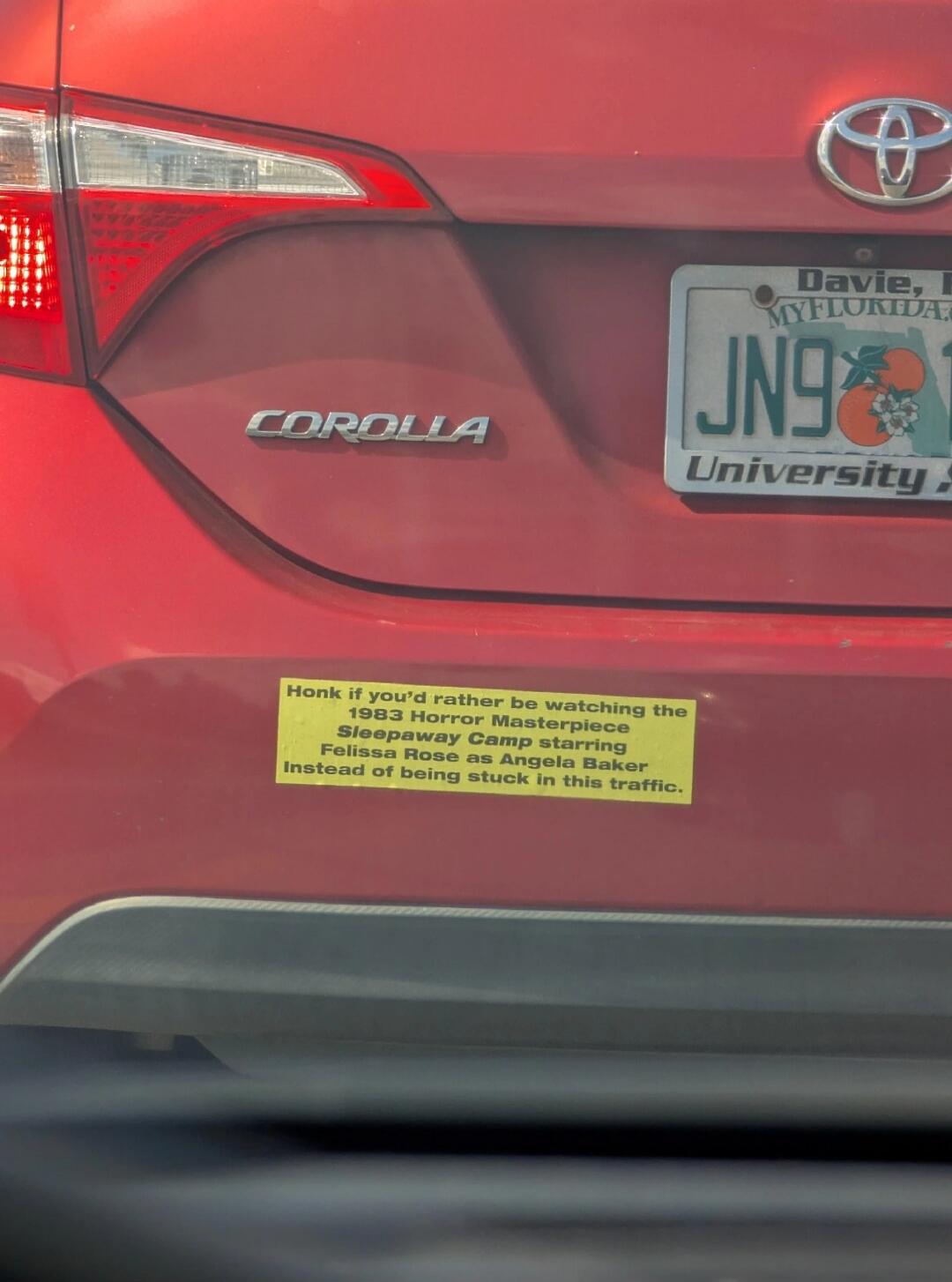 Honk if you'd rather be watching the 1983 Horror Masterpiece Sleepaway Camp starring Felissa Rose as Angela Baker Instead of being stuck in this traffic.