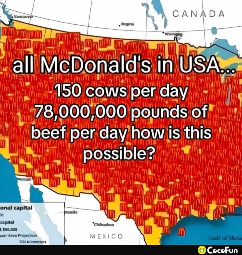 all McDonald's in USA... 150 cows per day 78,000,000 pounds of beef per day how is this possible?