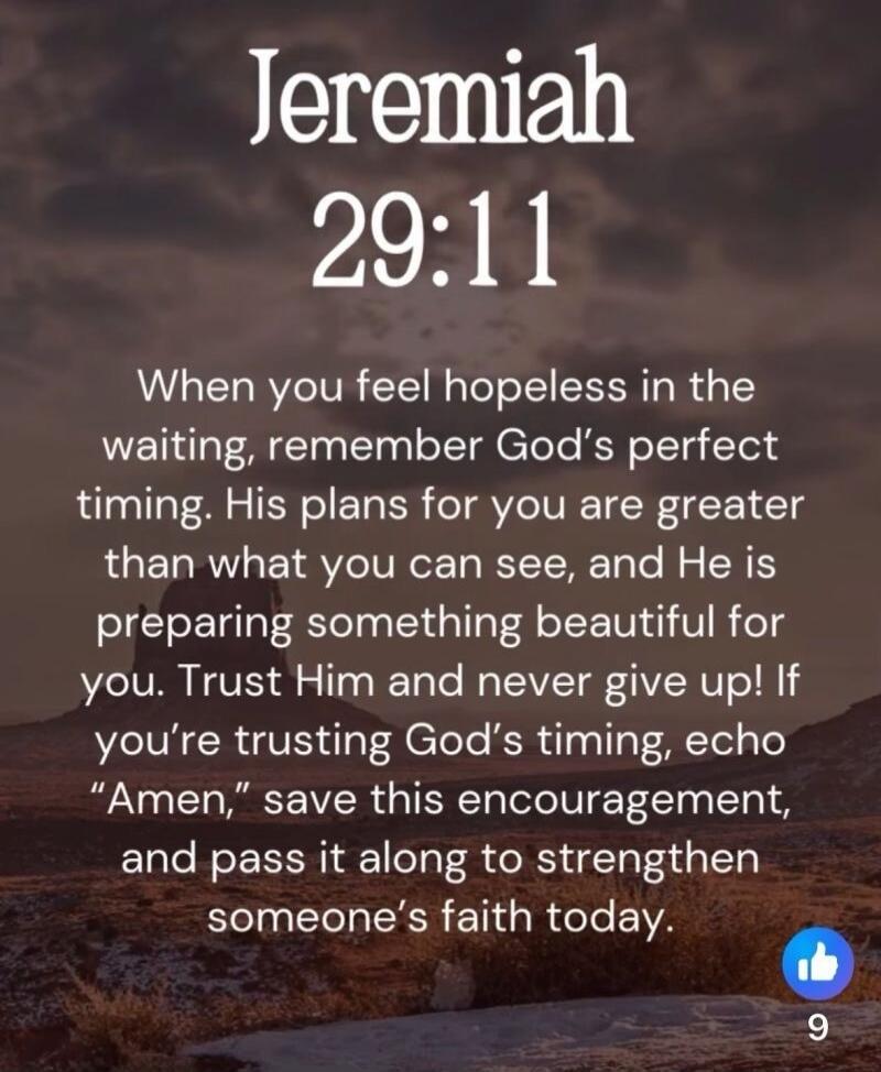 Jeremiah 29:11 When you feel hopeless in the waiting, remember God's perfect timing. His plans for you are greater than what you can see, and He is preparing something beautiful for you. Trust Him and never give up! If you're trusting God's timing, echo 