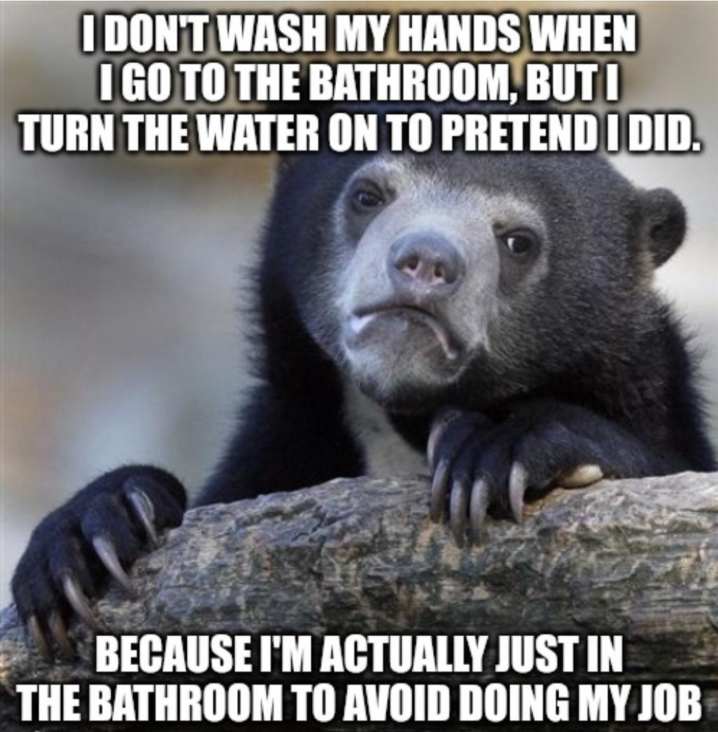 DONTWASH MY IIANIIS WHEN EII TOTHE BATHROOM BUT BEIAIISE IM ATIIAllY lllSI III IIIE BATHROOM TO AVOID DOING MY 10B