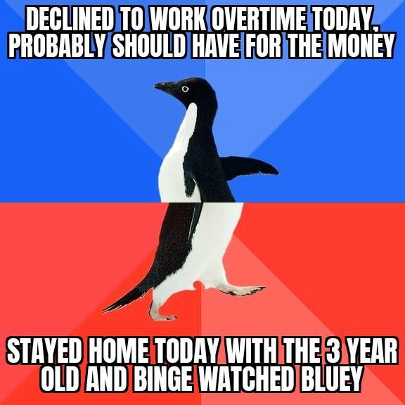 DECLINEDITOIWORKOVERTIMEITODAY PROBABLYSHOULDHAVEFORTHE MONEY Y J STAYED HOME TODAYWITHITHE3IYEAR OLDANDBINGEWATCHED BLUEY