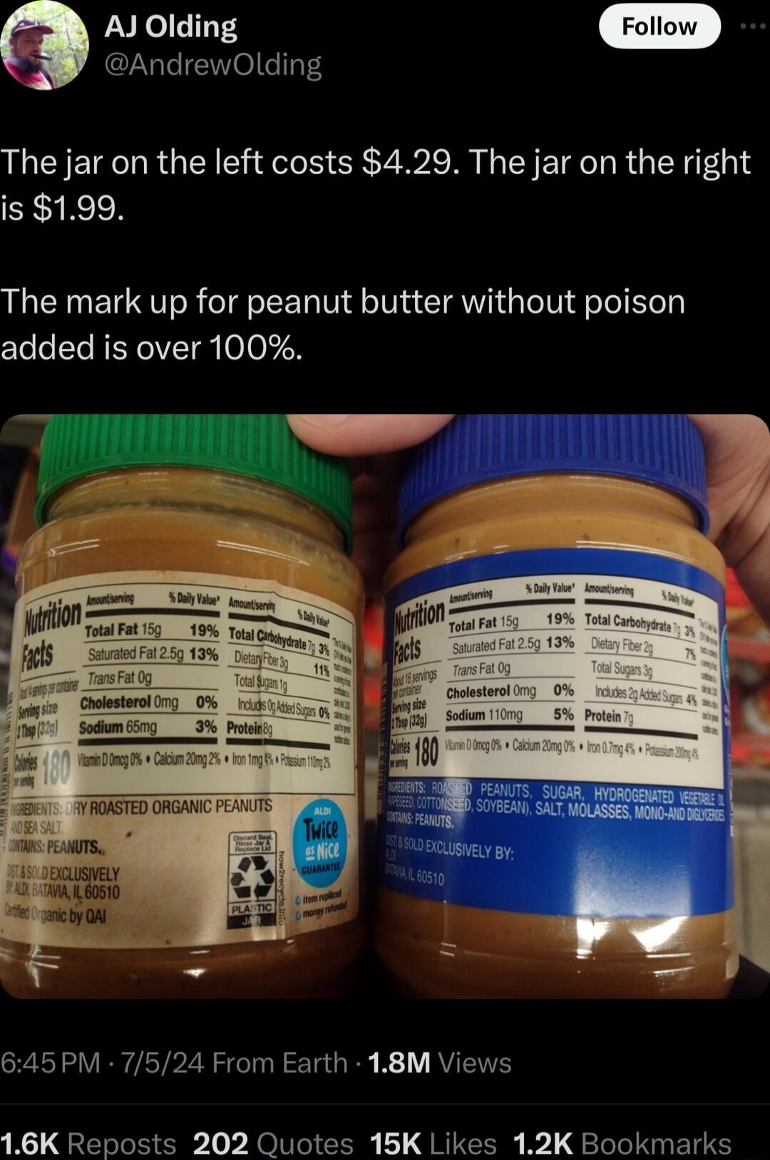 AndrewOlding a AJ Olding The jar on the left costs 429 The jar on the right is 199 The mark up for peanut butter without poison added is over 100 i y T iy 1o Leato anorazy 1 b G o TR ORGNC PR 645PM 7524 From Earth 18M Views 16K Reposts 202 Quotes 15K Likes 12K Bookmarks