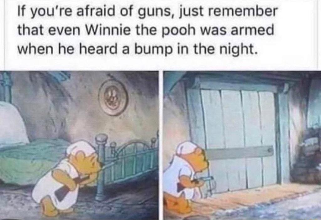 If youre afraid of guns just remember that even Winnie the pooh was armed when he heard a bump in the night