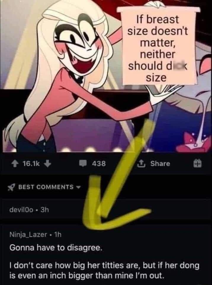 If breast size doesnt matter neither k uld dicf BEST COMMENTS devil0o 3h Ninja_Lazer 1h l HUEREWVRGR T dont care how big her titties are but if her dong is even an inch bigger than mine Im out