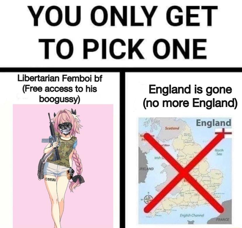 YOU ONLY GET TO PICK ONE Libertarian Femboi bf Free access to his England is gone boogussy no more England England Scottand