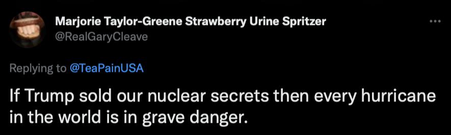 i jorie Taylor Greene Strawberry Urine Spritzer Replying to TeaPainUSA LR LG E T TG EE I S ERGENEVER R T Y in the world is in grave danger