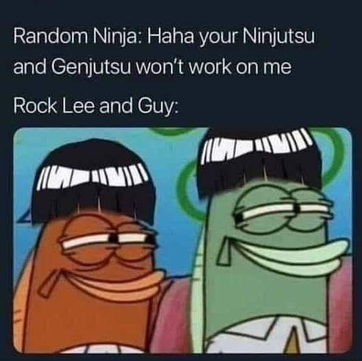 Random Ninja Haha your Ninjutsu and Genjutsu wont work on me Rock Lee and Guy