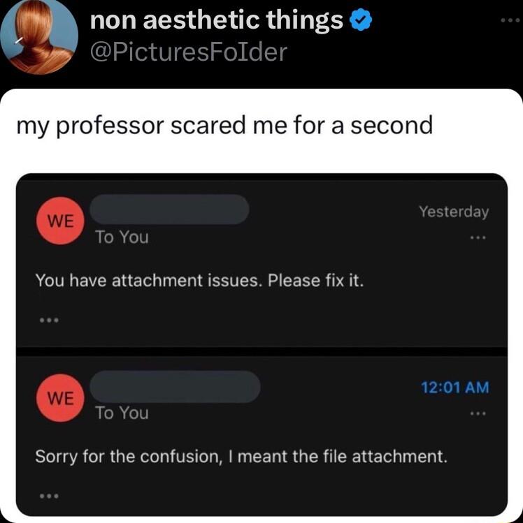 non aesthetic things my professor scared me for a second You have attachment issues Please fix it Sorry for the confusion meant the file attachment