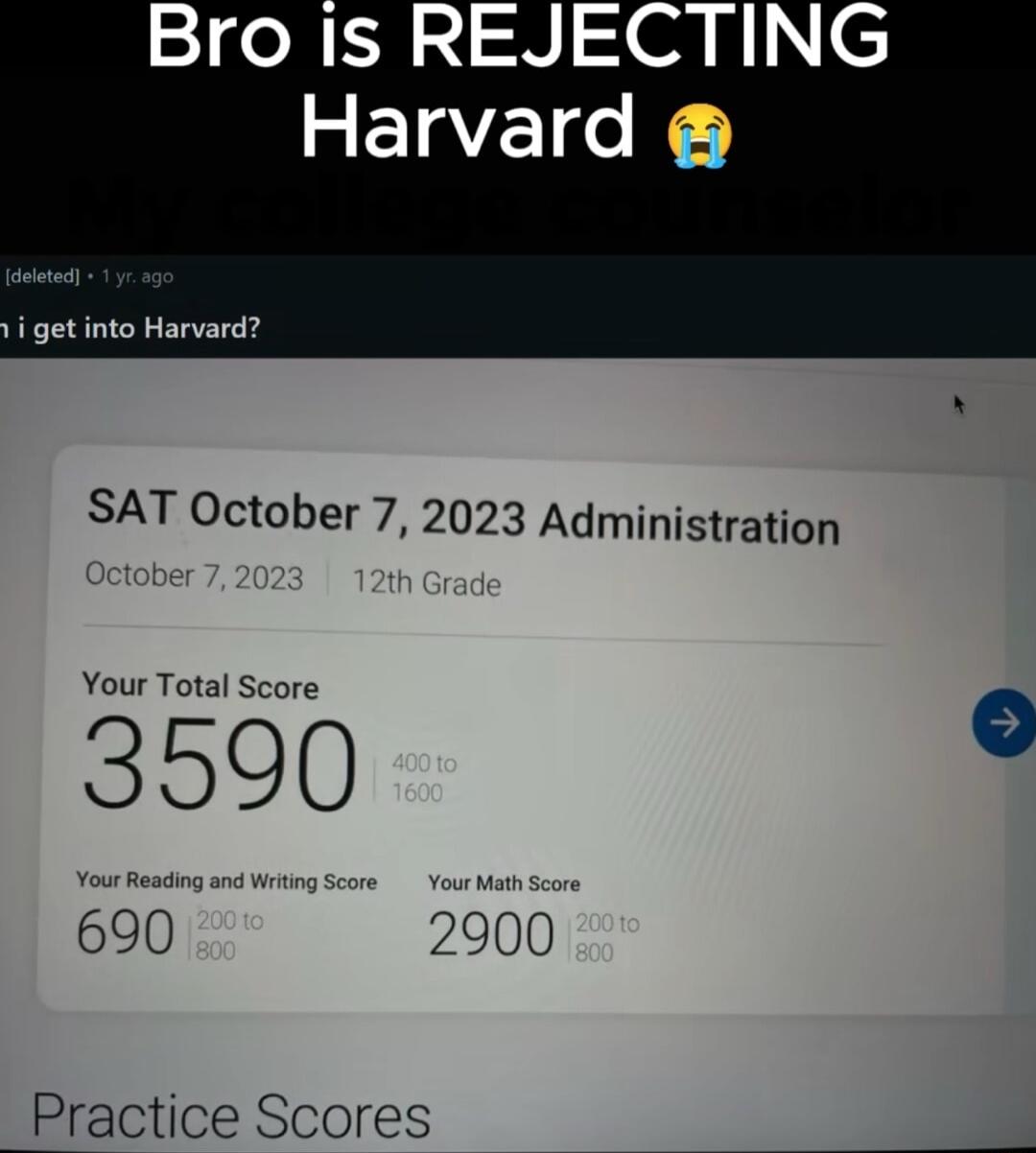 S1de NI 2NSeq Harvard i get into Harvard SAT October 7 2023 Administration Your Total Score 690 2900 Practice Scores