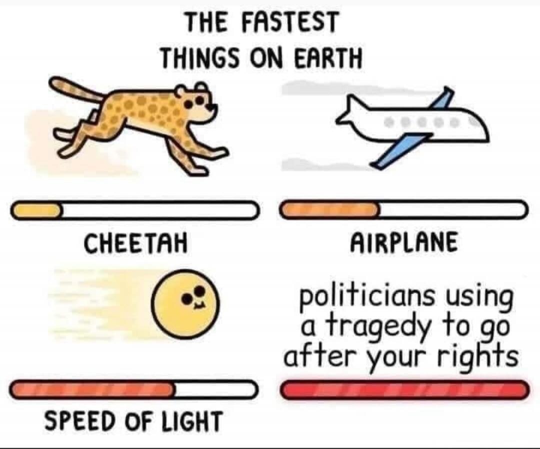 THE FASTEST THINGS ON EARTH CHEETAH AIRPLANE SPEED OF LIGHT politicians using a tragedy to go after your rights
