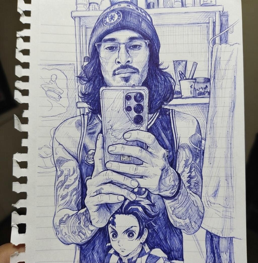 Chelsea logo on beanie, Lakers on jersey, Tanjiro Kamado from Demon Slayer.