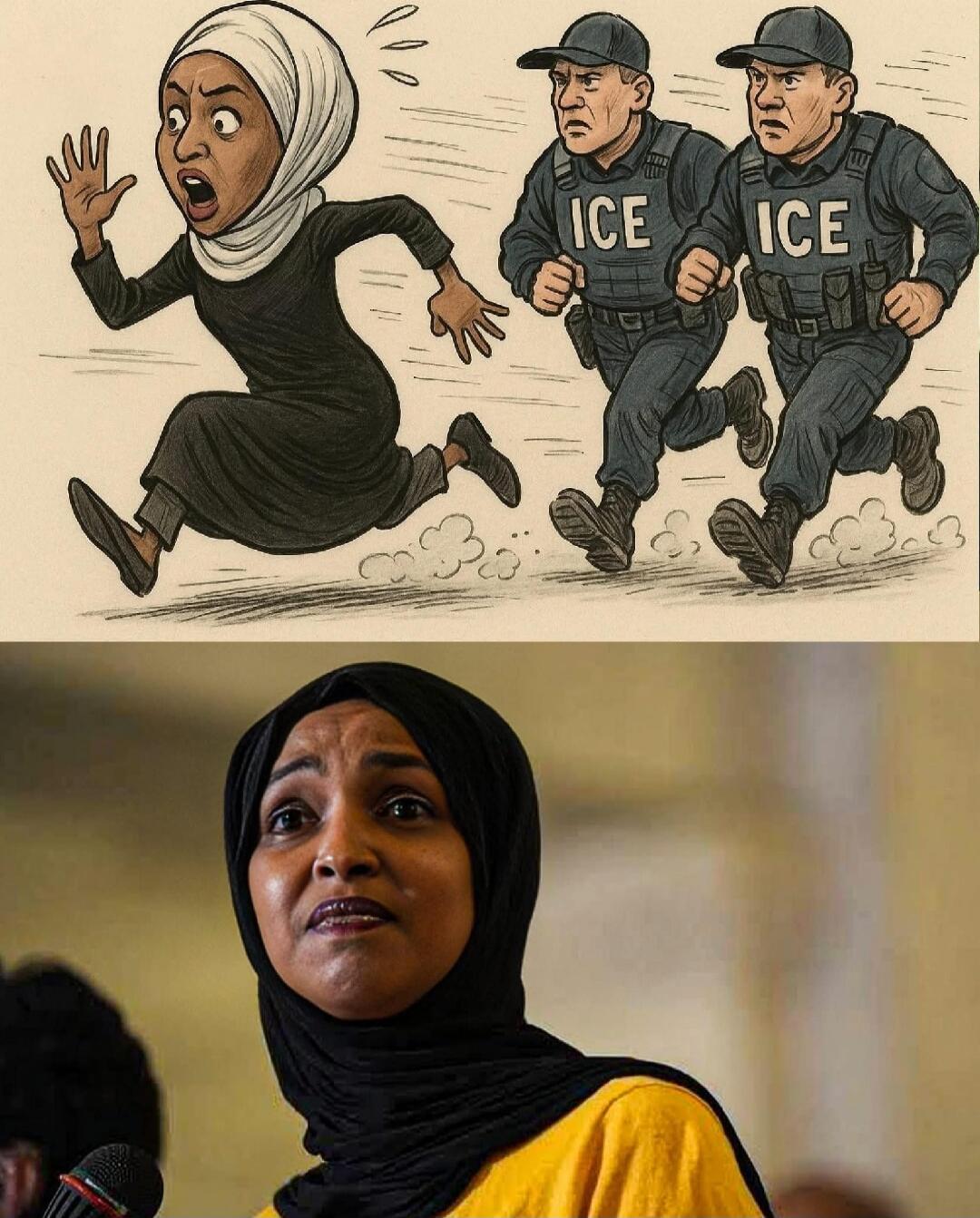 A cartoon showing an apprehensive Muslim woman running away from two ICE officers, paired with a real-photo image of a woman wearing a hijab speaking at a microphone.