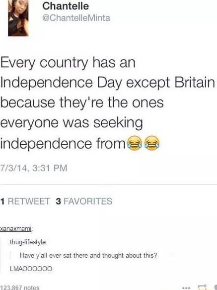 Chantelle ChantefleMinta Every country has an Independence Day except Britain because theyre the ones everyone was seeking independence from 7314 331 PM 1 RETWEET 3 FAVORITES xanaxmam thug ifestyie Have yall ever sat there and thought about this LMAOOOOOO
