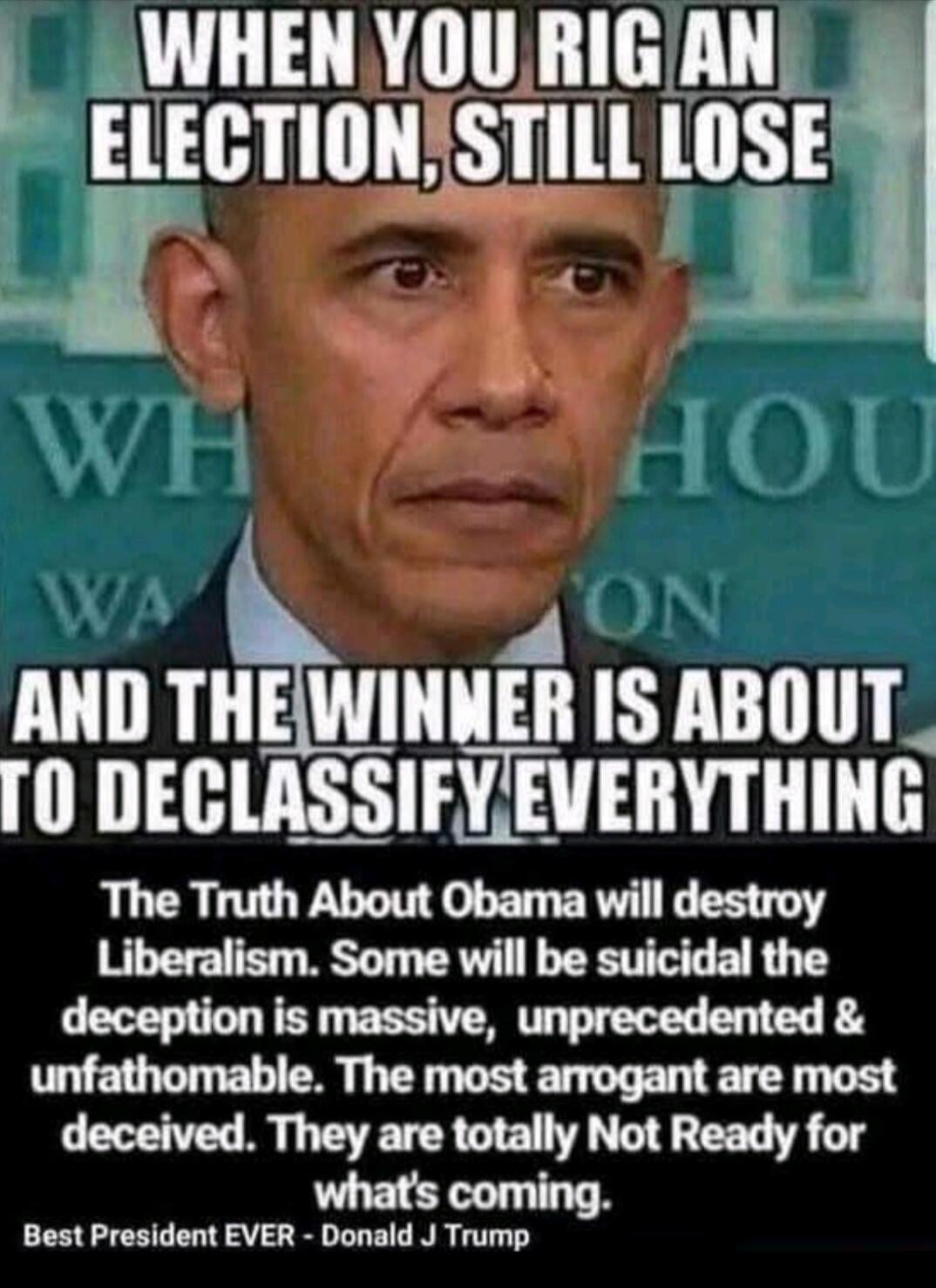 WHEN YOU RIG AN ELECTION, STILL LOSE AND THE WINNER IS ABOUT TO DECLASSIFY EVERYTHING. The Truth About Obama will destroy Liberalism. Some will be suicidal the deception is massive, unprecedented & unfathomable. The most arrogant are most deceived. They are totally Not Ready for what's coming. Best President EVER - Donald J Trump