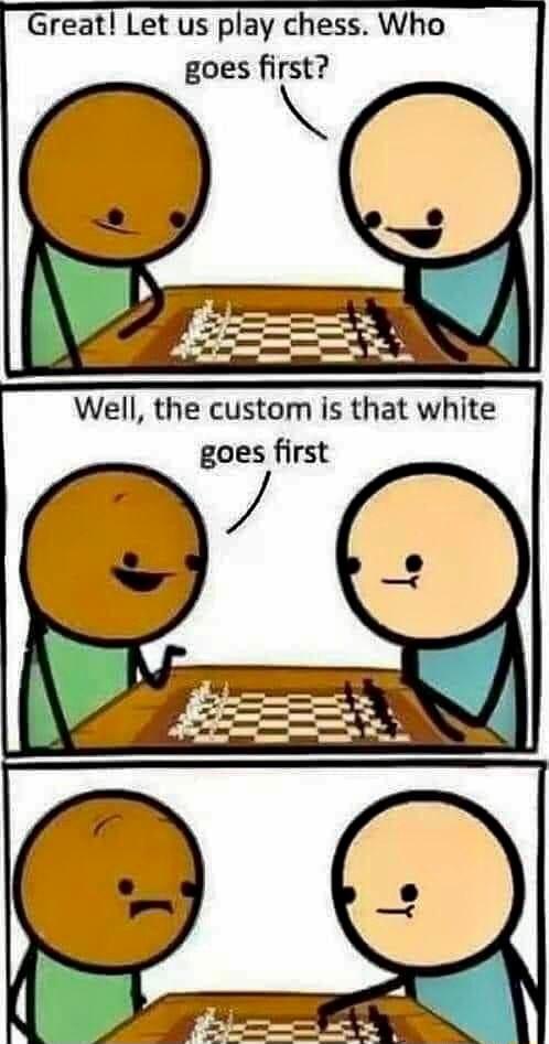 Great Let us play chess Who goes first Well the custom is that white goes first