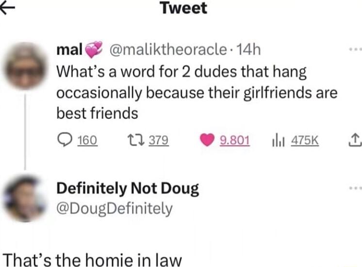 Tweet mal maliktheoracle 14h Whats a word for 2 dudes that hang occasionally because their girlfriends are best friends Oso N Wusot sk Definitely Not Doug DougDefinitely Thats the homie in law