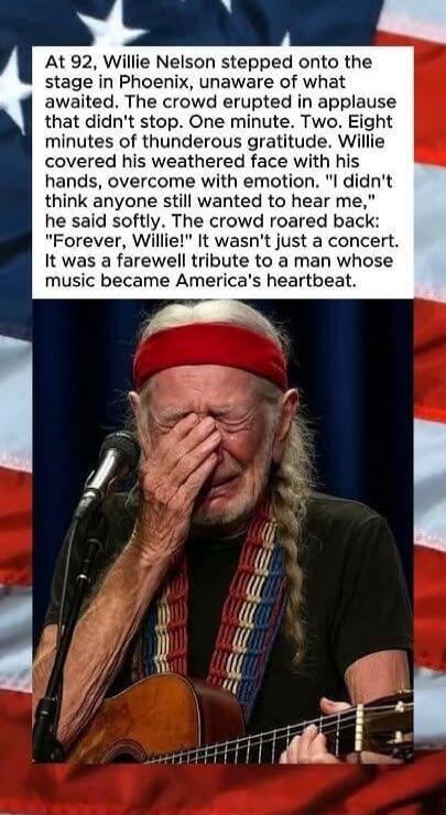 At 92, Willie Nelson stepped onto the stage in Phoenix, unaware of what awaited. The crowd erupted in applause that didn't stop. One minute. Two. Eight minutes of thunderous gratitude. Willie covered his weathered face with his hands, overcome with emotion. 