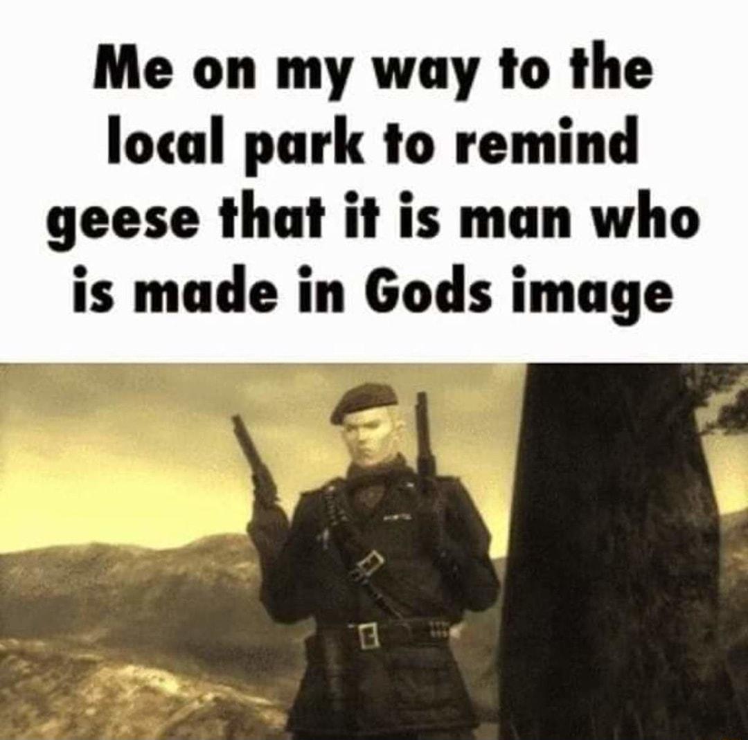 Me on my way to the local park to remind geese that it is man who is made in Gods image