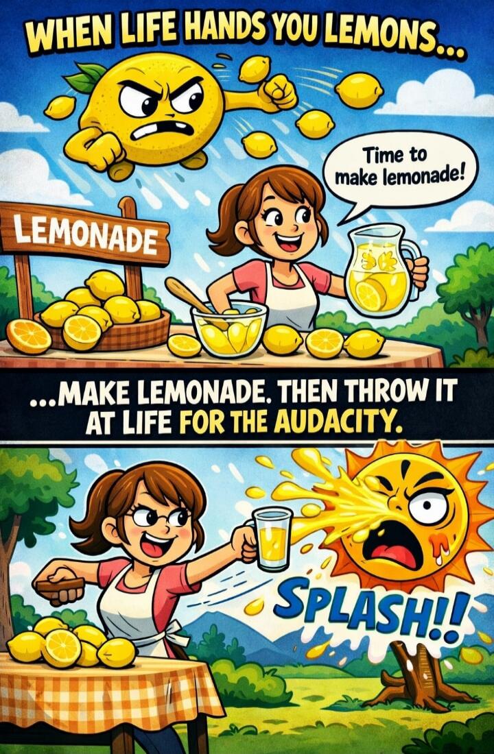 WHEN LIFE HANDS YOU LEMONS... LEMONADE Time to make lemonade! ...MAKE LEMONADE. THEN THROW IT AT LIFE FOR THE AUDACITY. SPLASH!!