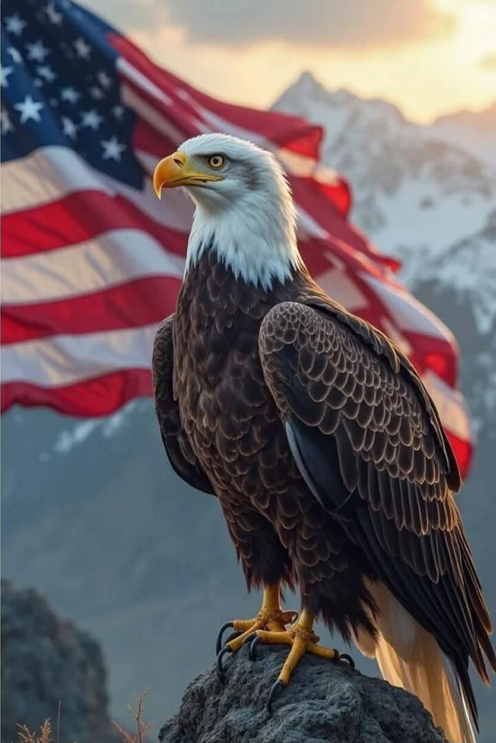 Bald eagle perched on a rock with an American flag in the background