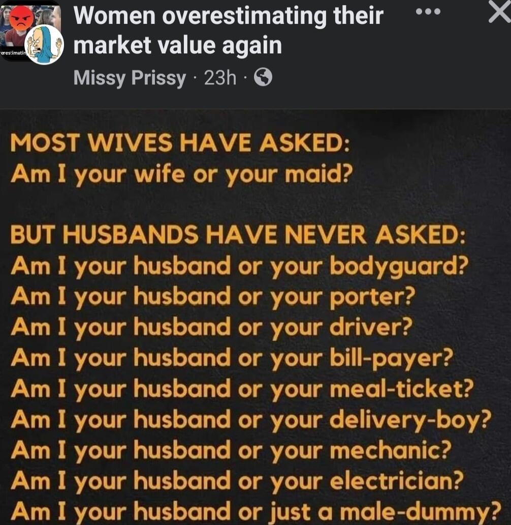 Women overestimating their X LECREITEELET Missy Prissy 23h MOST WIVES HAVE ASKED Am your wife or your maid BUT HUSBANDS HAVE NEVER ASKED Am I your husband or your bodyguard VR ST LT T T VT Tl T Am I your husband or your driver Am I your husband or your bill payer Am I your husband or your meal ticket Am I your husband or your delivery boy Am I your husband or your mechanic Am I your husband or you