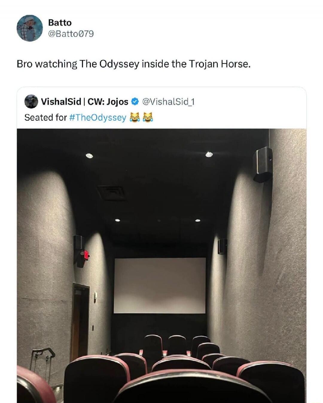 Bro watching The Odyssey inside the Trojan Horse. Seated for #TheOdyssey 😭😂