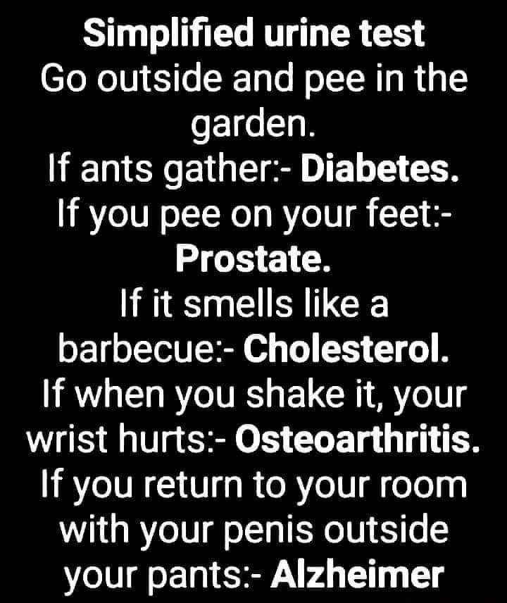 Simplified urine test Go outside and pee in the garden If ants gather Diabetes If you pee on your feet Prostate If it smells like a barbecue Cholesterol IR RV ELCRI Yo l wrist hurts Osteoarthritis If you return to your room with your penis outside your pants Alzheimer