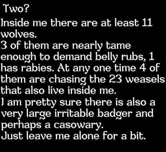 Two Inside me there are at least 11 wolves 3 of them are nearly tame enough to demand belly rubs 1 has rabies At any one time 4 of them are chasing the 23 weasels that also live inside me am pretty sure there is also a very large irritable badger and perhaps a casowary Just leave me alone for a bit